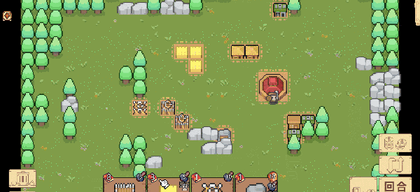 《边境开拓者》像素风格画面:荒野中的开拓者城镇与防线