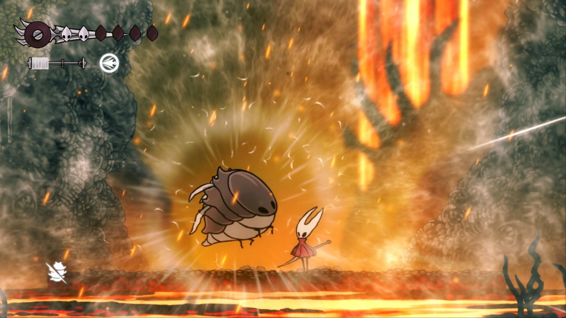 《空洞骑士:丝之歌》中惩罚机制与玩家错误缺乏相关性的场景示意图