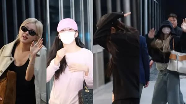 BLACKPINK四位成員穿厚實服裝準備出發前往台灣的畫面