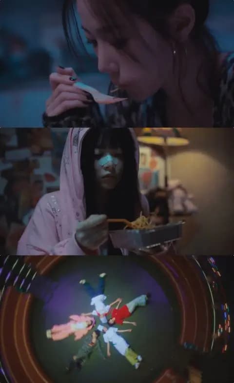 LE SSERAFIM《SPAGHETTI》预告片中成员们感受眩晕快感的画面截图(YouTube@HYBE LABELS截圖)