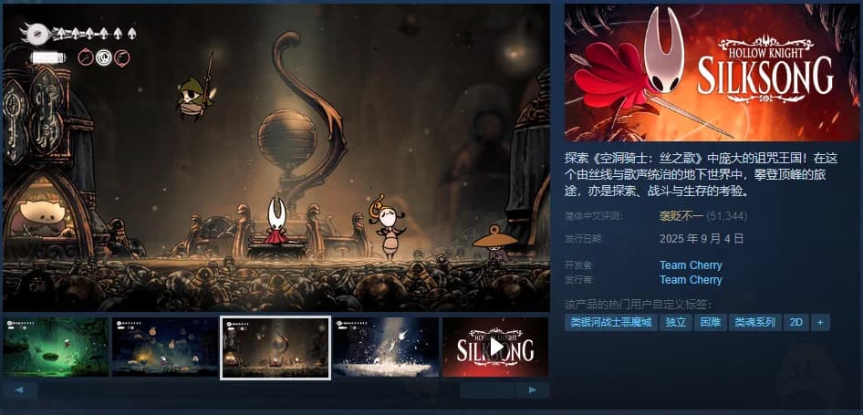 《空洞骑士:丝之歌》Steam商店页面标签展示,反映玩家对游戏玩法的感知