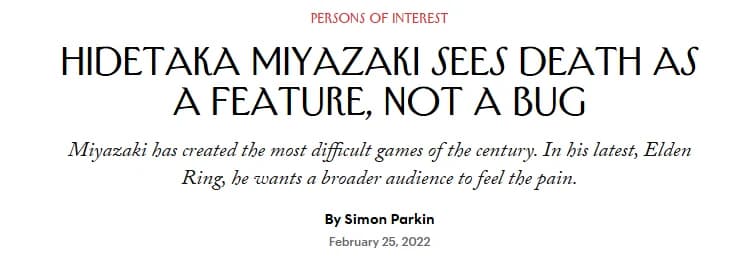 《纽约客》对宫崎英高的专访图片,探讨死亡作为游戏特性的设计理念