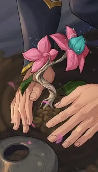 赵信与盛开的绽灵花近景,突出花朵与艾欧尼亚精神象征的关系