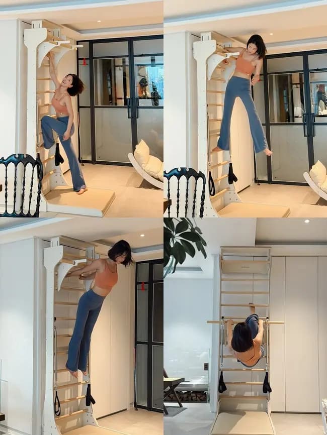 奇恩世在家庭健身房展示普拉提穿搭与蚂蚁腰身材